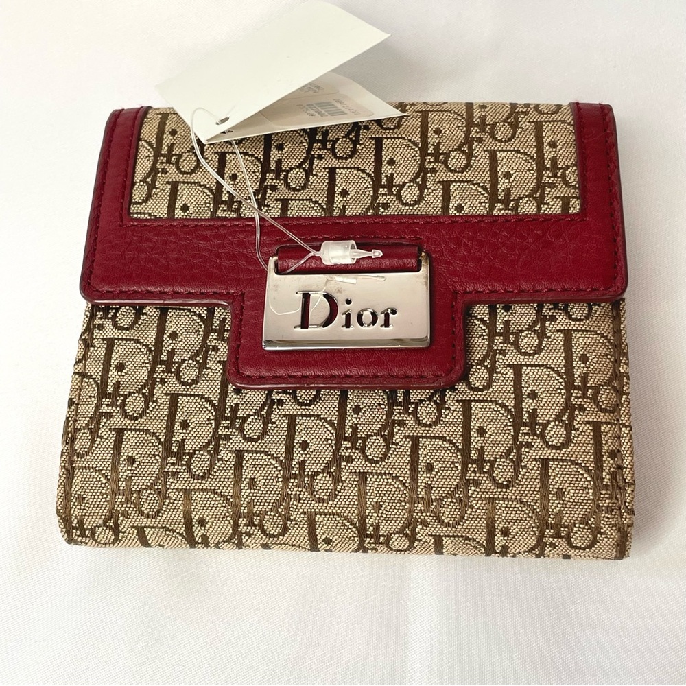 Dior Beige Logo Canvas Wallet with Bordeaux Leather – New with Tags - Picture 2 of 11